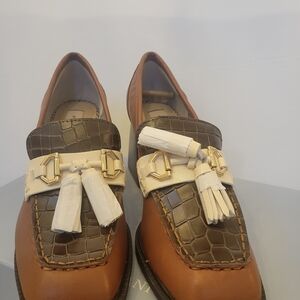 ANTONIO MELANI Women's Brown and Cream Croc-Embossed Tsssel  Loafers